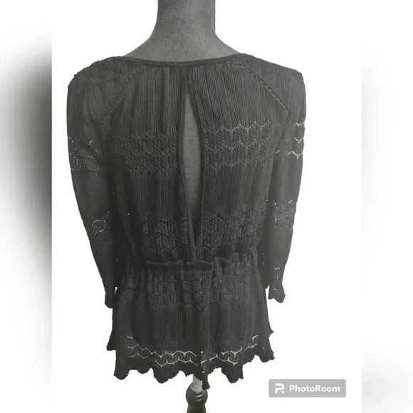 Free People Fire Island Lace Top mediumBlack Open Knit Cutout Back Bow Tie Waist - Picture 2 of 3